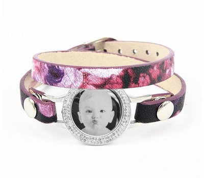 Graveer Armbanden Paars Tropical dubbele Leren Armband met foto graveer munt smal zilver met strass