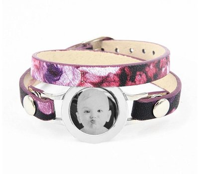 Graveer Armbanden Paars Tropical dubbele Leren Armband met foto graveer munt smal zilver