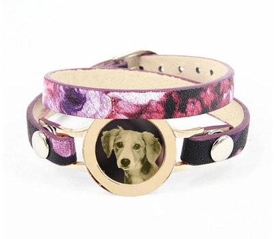 Graveer Armbanden Paars Tropical dubbele Leren Armband met foto graveer munt smal goud