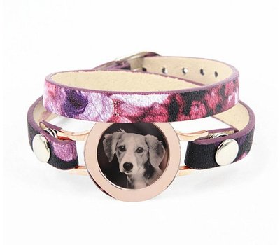 Graveer Armbanden Paars Tropical dubbele Leren Armband met foto graveer munt smal rosé goud