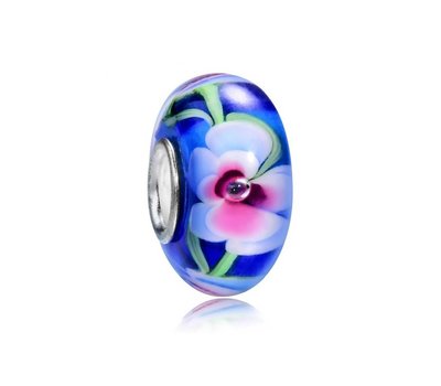 Bedels Kralen Bedel blauw met wit en roze bloem