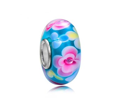 Glas Bedels | Glas Bedel blauw met roze bloemen voor bedelarmbanden