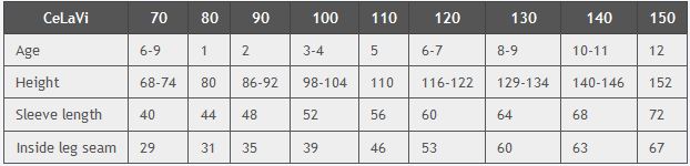 Size chart Celavi