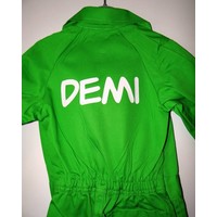 lime overall with name or text printing