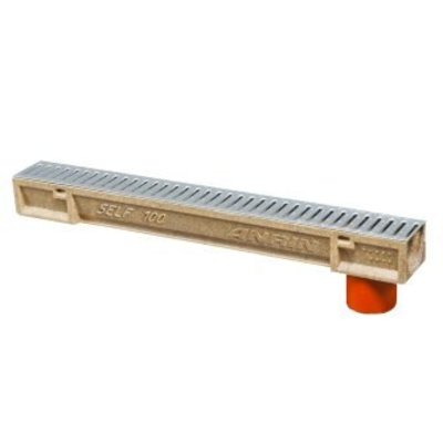 polyesterbeton vloergoot met uitloop type self-100, gegalvaniseerd sleufrooster 100 x 10 cm