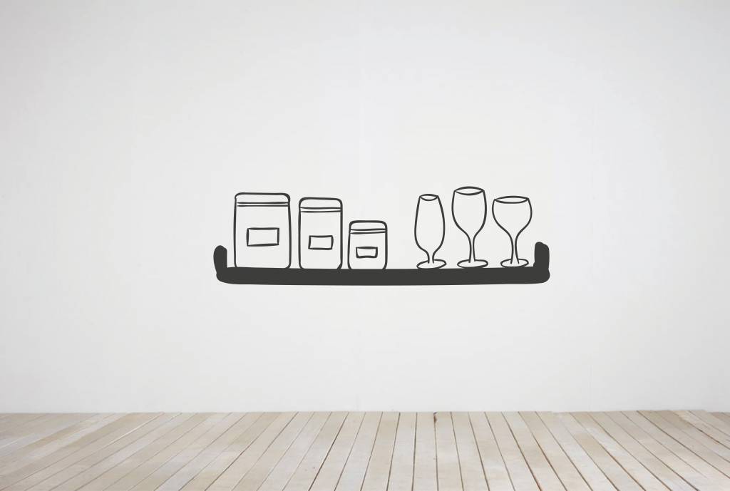 Muursticker plank met potten en wijnglazen