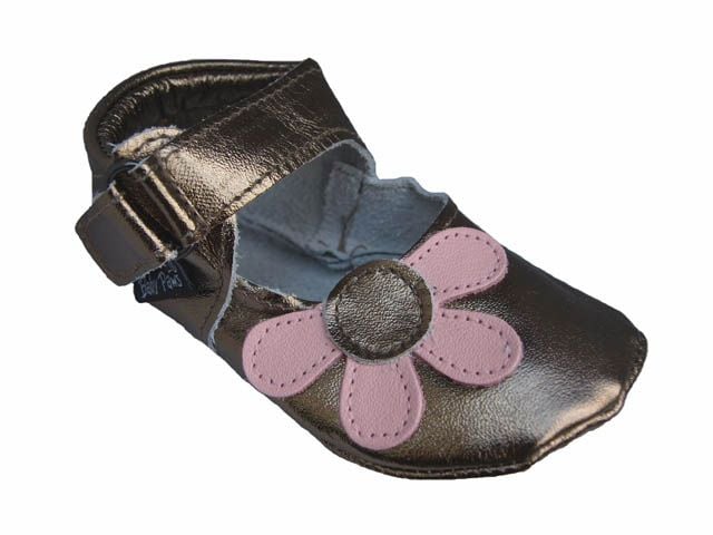 babyslofjes Amanda gunmetal met roze bloem