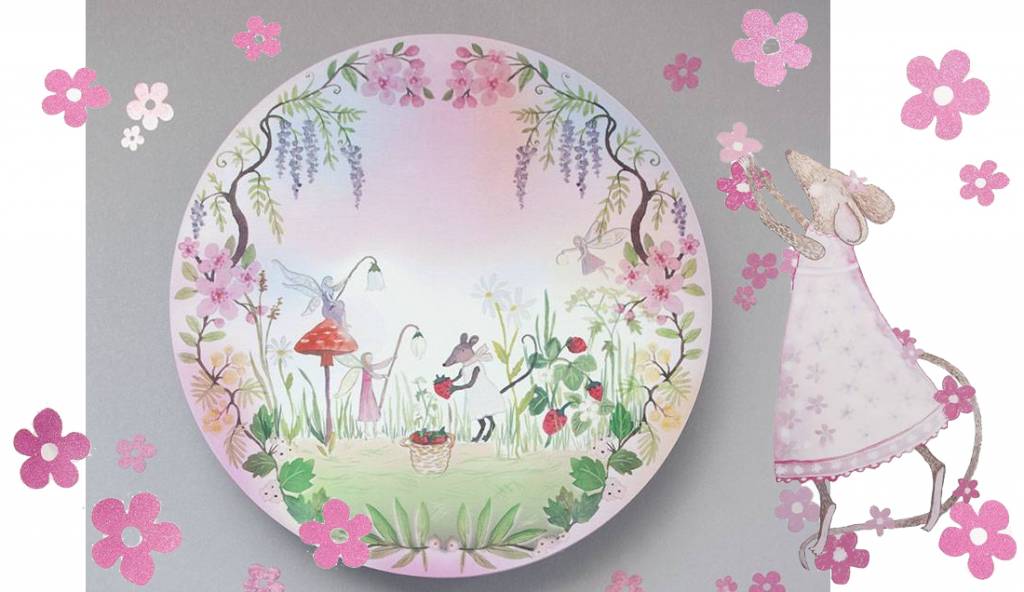 A wild strawberries picking little mouse and her fairy friends