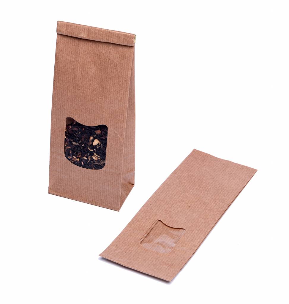 Blokbodemzakjes met venster 67 + 40 x 177 mm uit 80 grams bruin kraft pakje van 100 stuks