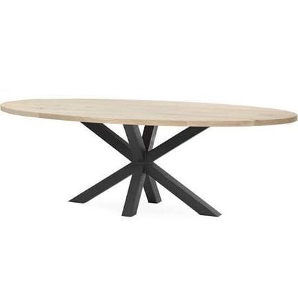 Ovale industriële eiken tafels met een robuust stalen onderstel