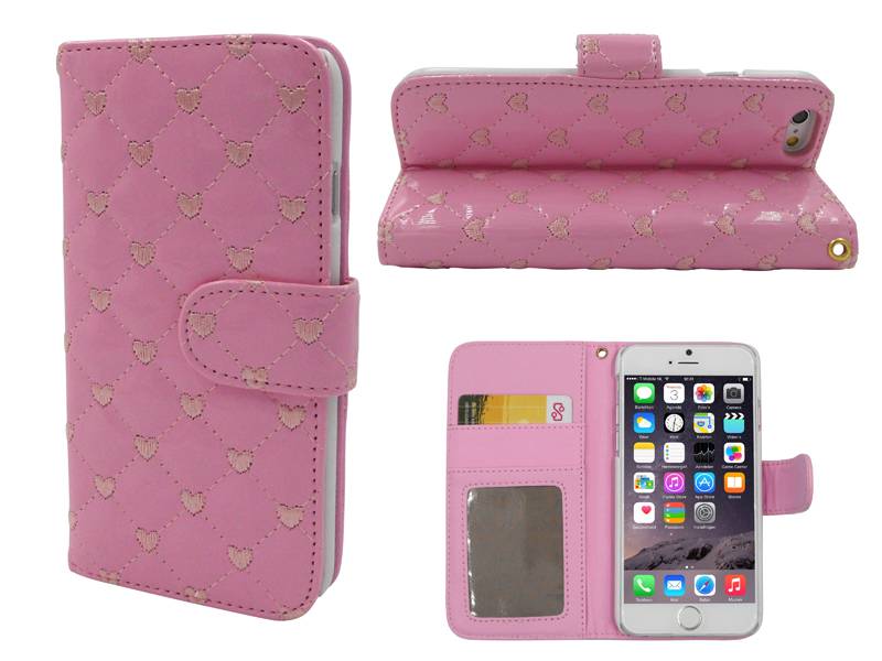 Iparts4U Iphone 6 En 6S Lederen Lak Boek Hoesje Ruitjes Motief Hartjes Roze iparts4u kopen in de aanbieding