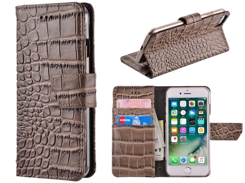 Iparts4U Iphone 8 7 Bookcase Hoesje Krokodil Leder Grijs iparts4u kopen in de aanbieding