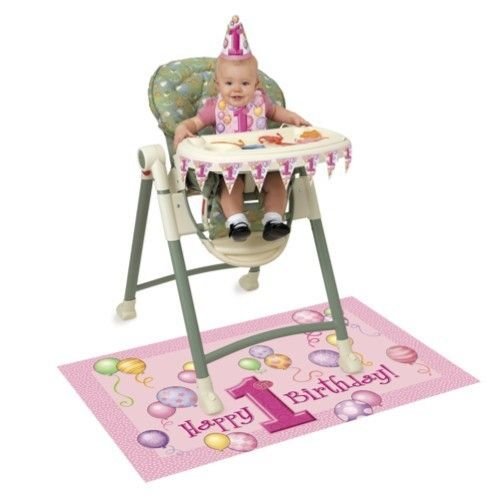 Kinderstoelversiering, 1e verjaardag, roze ballonnen Kinderstoelversiering, 1e verjaardag, roze ballonnen