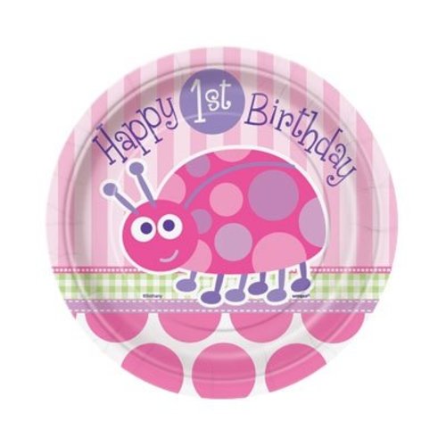 Gebaksbordjes eerste verjaardag lieveheersbeestje roze 8x Gebaksbordjes eerste verjaardag lieveheersbeestje roze 8x