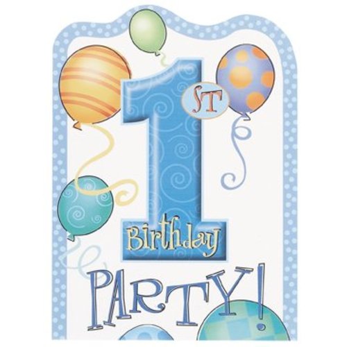 Uitnodiging, 1e verjaardag, blauwe ballonnen Uitnodiging, 1e verjaardag, blauwe ballonnen