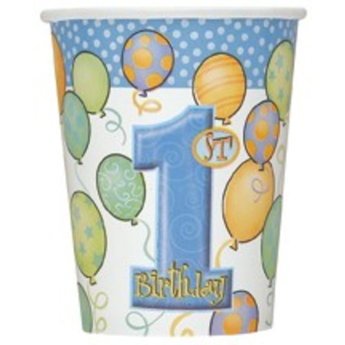 Bekers, 1e verjaardag, blauwe ballonnen Bekers, 1e verjaardag, blauwe ballonnen