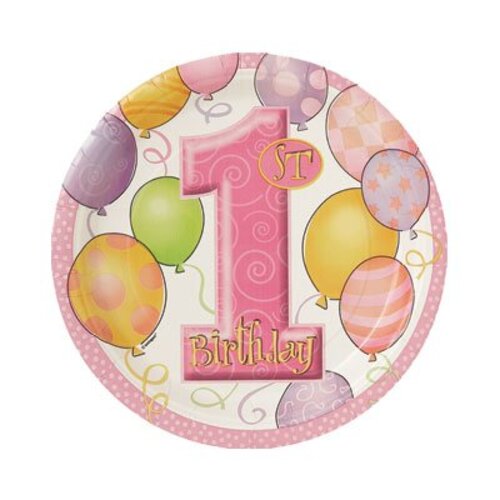 Gebaksbordjes, 1e verjaardag, roze ballonnen Gebaksbordjes, 1e verjaardag, roze ballonnen