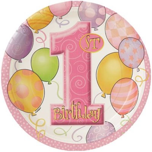 Bord (groot), 1e verjaardag, roze ballonnen Bord (groot), 1e verjaardag, roze ballonnen