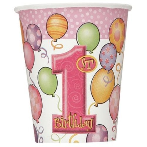 Beker, 1e verjaardag, roze ballonnen Beker, 1e verjaardag, roze ballonnen