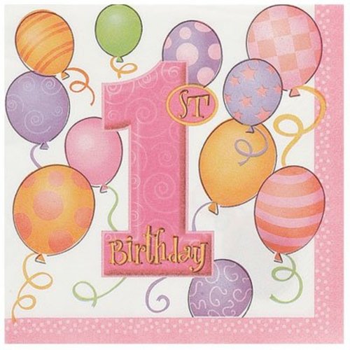 Servetten, 1e verjaardag, roze ballonnen Servetten, 1e verjaardag, roze ballonnen