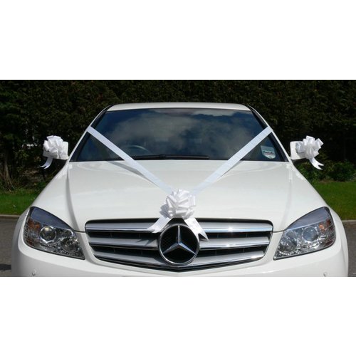 bruiloft auto decoratie: luxe wit lint voor auto met 3 strikken bruiloft auto decoratie: luxe wit lint voor auto met 3 strikken