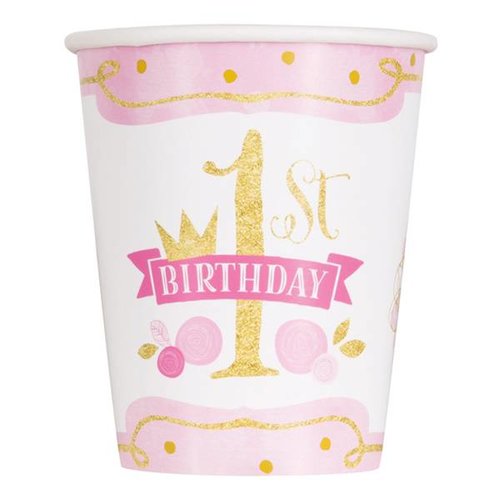Hoera 1 jaar versiering meisje roze / goud: bekers Hoera 1 jaar versiering meisje roze / goud: bekers