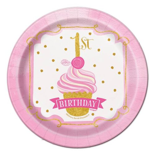hoera 1 jaar versiering roze / goud: gebakbordjes hoera 1 jaar versiering roze / goud: gebakbordjes