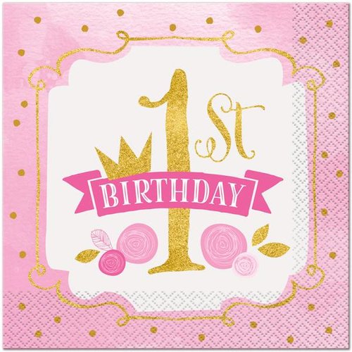 hoera 1 jaar versiering roze / goud: servetten hoera 1 jaar versiering roze / goud: servetten