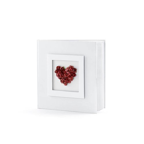 Luxe gastenboek rood hart met rode rozen en satijnen strik Luxe gastenboek rood hart met rode rozen en satijnen strik