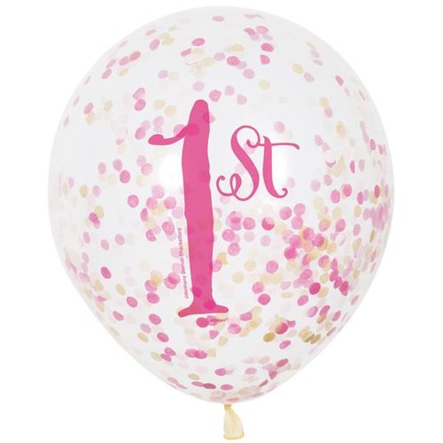 Ballon 1 jaar roze: 6 doorzichtige ballonnen met cijfer 1 + confetti Ballon 1 jaar roze: 6 doorzichtige ballonnen met cijfer 1 + confetti