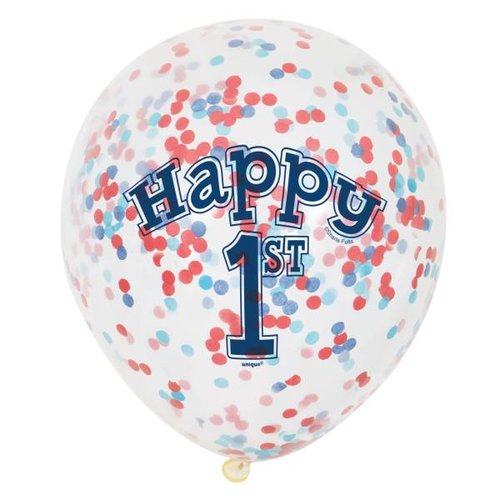 Ballon 1 jaar blauw: 6 doorzichtige ballonnen met cijfer 1 + confetti Ballon 1 jaar blauw: 6 doorzichtige ballonnen met cijfer 1 + confetti