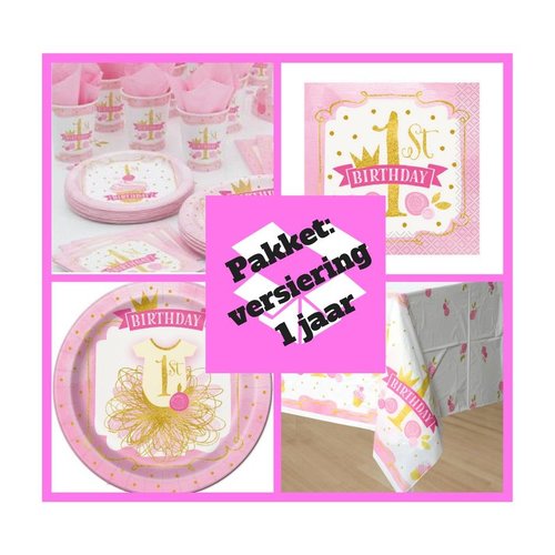 Eerste verjaardag tafel decoratie pakket 1 jaar versiering roze/goud (pakket 3) Eerste verjaardag tafel decoratie pakket 1 jaar versiering roze/goud (pakket 3)