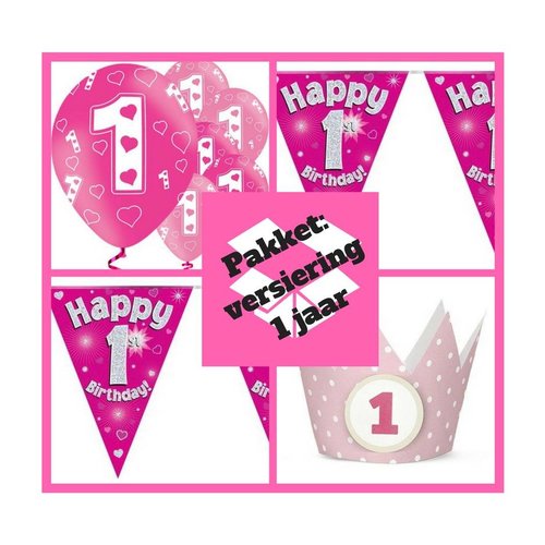 1 jaar versiering + verjaardagskroontjes pakket meisje - roze -pakket 8 1 jaar versiering + verjaardagskroontjes pakket meisje - roze -pakket 8