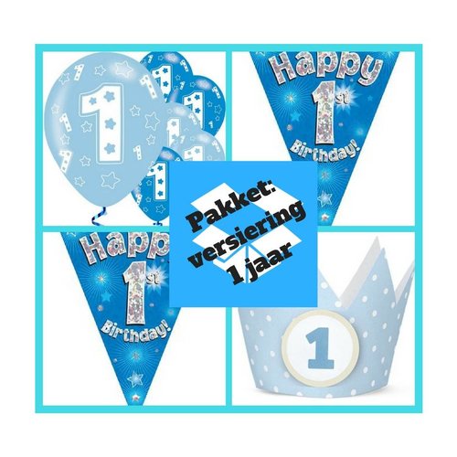 1 jaar versiering jongen + verjaardagskroontjes pakket 7 blauw 1 jaar versiering jongen + verjaardagskroontjes pakket 7 blauw