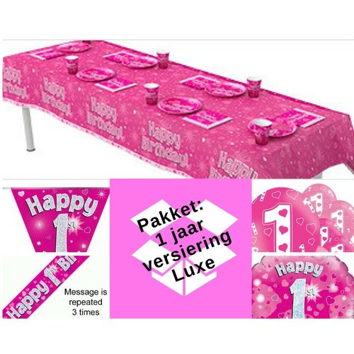 1 jaar versiering meisje - roze - hartjes (pakket 6.) 1 jaar versiering meisje - roze - hartjes (pakket 6.)
