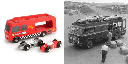 Wooden racing car transporter, inspired by 1950's Formula 1