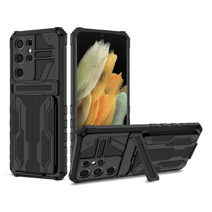 Samsung Galaxy S21 FE - Armor Card Slot Hoesje met Kickstand - Wallet Cover Case Zwart