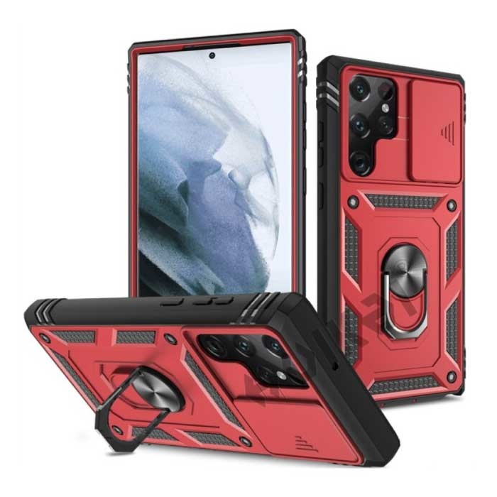 Samsung Galaxy S21 Ultra - Pancerne etui na karty z podpórką i ochroną aparatu - Pokrowiec Pop Grip Heavy Duty Cover Czerwony