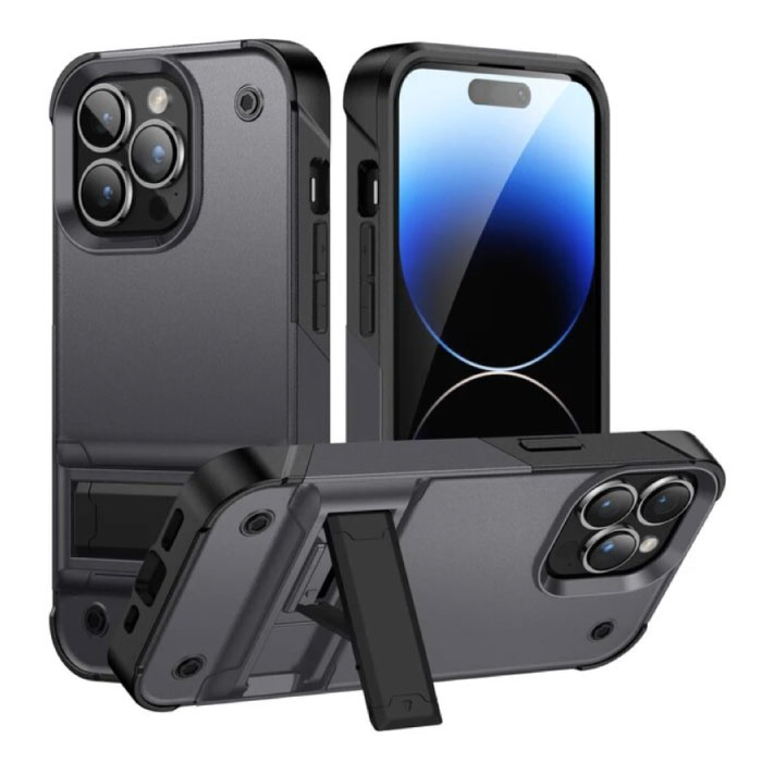 iPhone 15 Pro Max Armor Case with Kickstand - Shockproof Cover Case - Gray