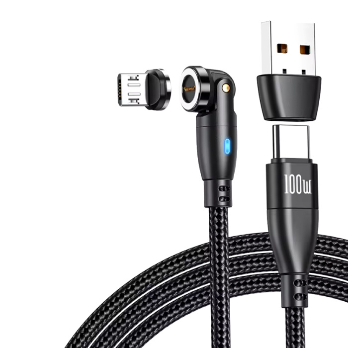 Magnetisches USB-C-auf-Micro-USB-Ladekabel – 1 Meter – 100-W-USB-C-Schnelllade-Ladegerät-Datenkabel – Schwarz