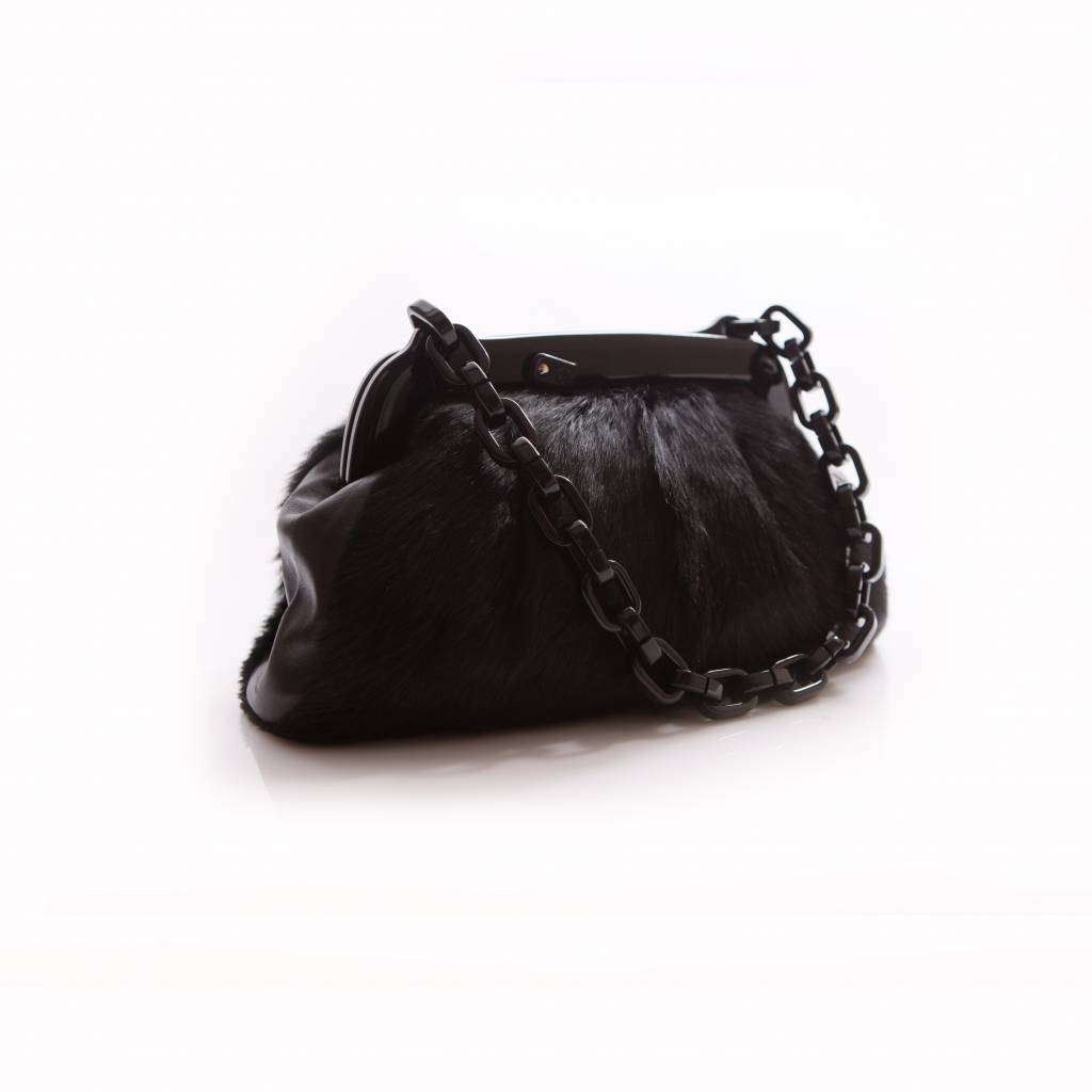 Chanel Black Fur Bag With Plastic Chain And Clasp Chanel Black Fur Bag With Plastic Chain And Clasp Logo