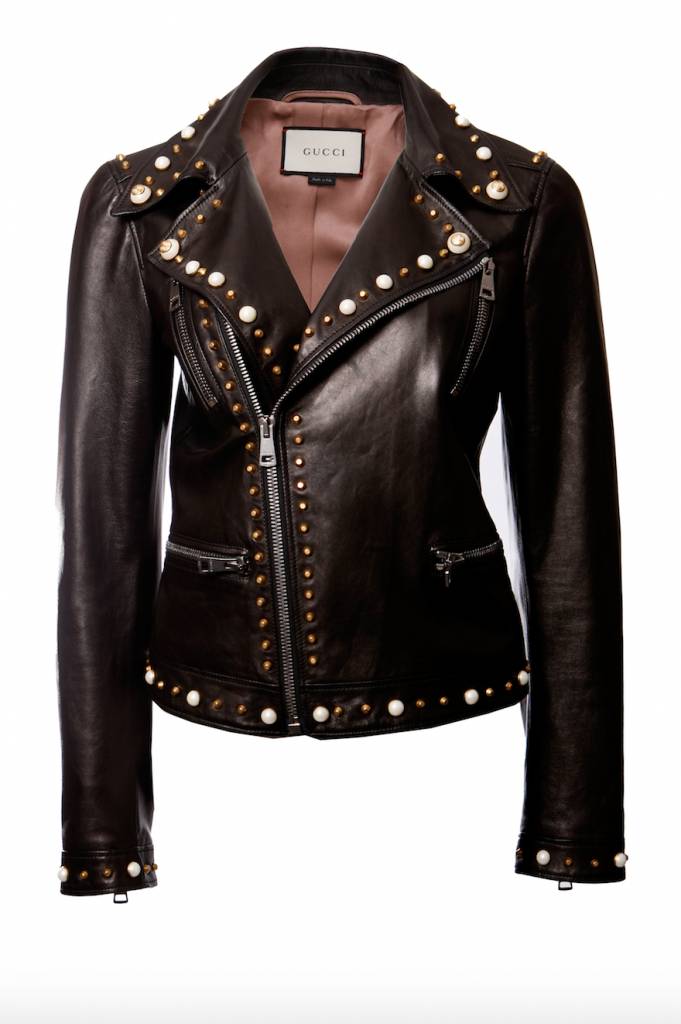 Gucci, lamb leather biker jacket with pearls and gold studs in size ...