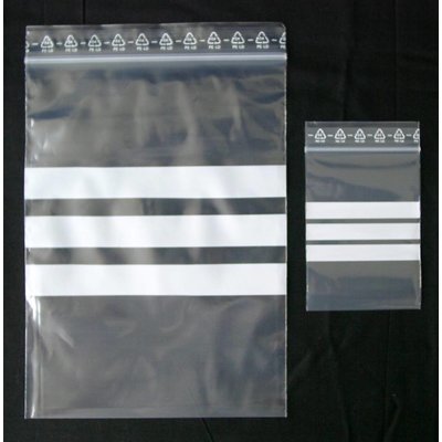 LDPE-Druckverschlußbeutel, Format: 80 x 120 mm (B x H bis zum Verschluß), 50 my Stärke, transparent, unbedruckt, mit 3 weißen Schreibfeldern