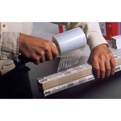 LDPE-Bündel-Stretchfolie, 100 mm Breite, 23 my Stärke, 150 lfd.m./Rolle, transparent, unbedruckt, inkl. 1 Handabroller, 40 Rollen im Karton
