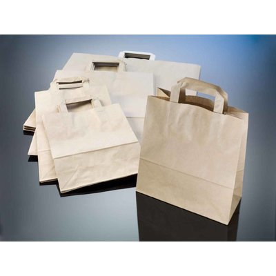braune Papiertragetaschen, Format: 22 + 10 x 28 cm (B + Falte x H), 70 g/qm Stärke, unbedruckt, mit angeklebten Papierhenkeln und Abdeckblatt