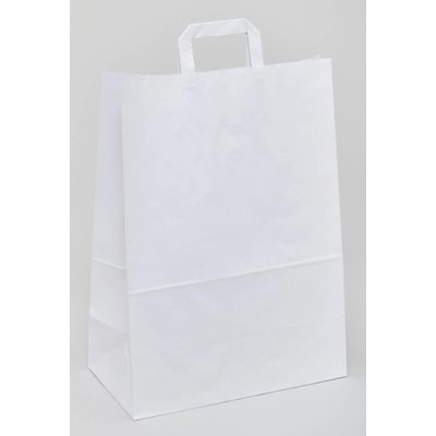 weiße Papiertragetaschen, Format: 32 + 12 x 42 cm (B + Falte x H), 80 g/qm Stärke, unbedruckt, mit angeklebten Papierhenkeln und Abdeckblatt
