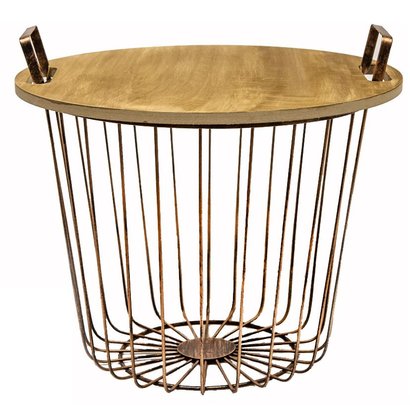 Metalen Mand / Bijzettafel met Houten blad Koper