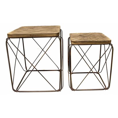 Bijzettafel met Metalen Frame en Vierkant Houten Blad - Set van 2