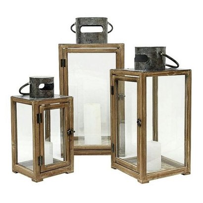 Lantaarn 'Antic' van Hout met Metalen Hendel - set van 3