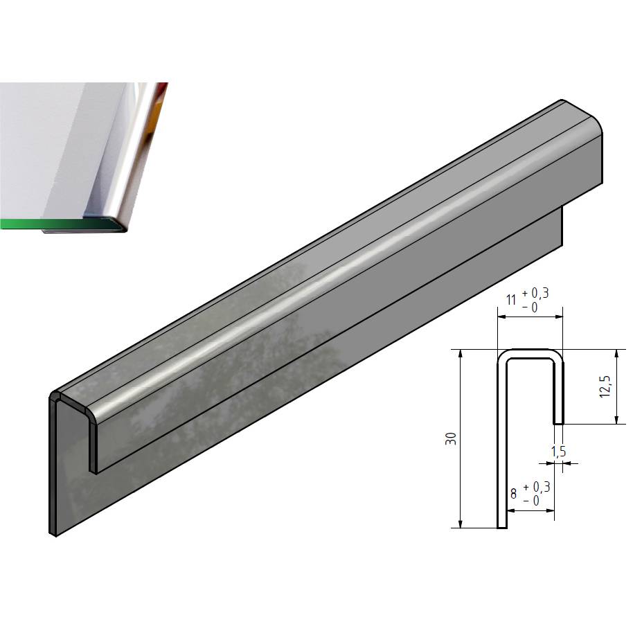 Glas Einfassprofil UProfil Edelstahl bis L= 2500mm von